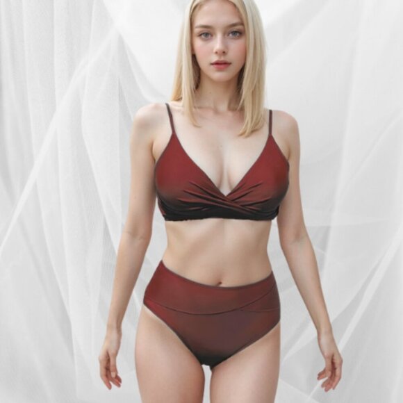 7.🆕Cupshe Med Red Twist Front Top With High-Waist Bikini Bottom Swimsuit  NWT - Picture 1 of 4